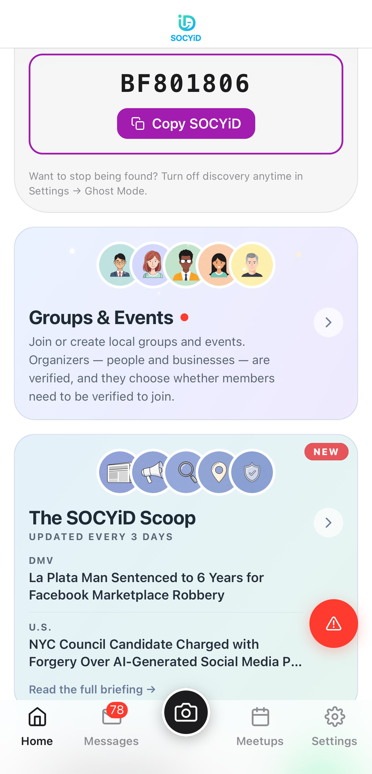 SOCYiD home screen showing your SOCYiD code, Groups & Events and the SOCYiD Scoop